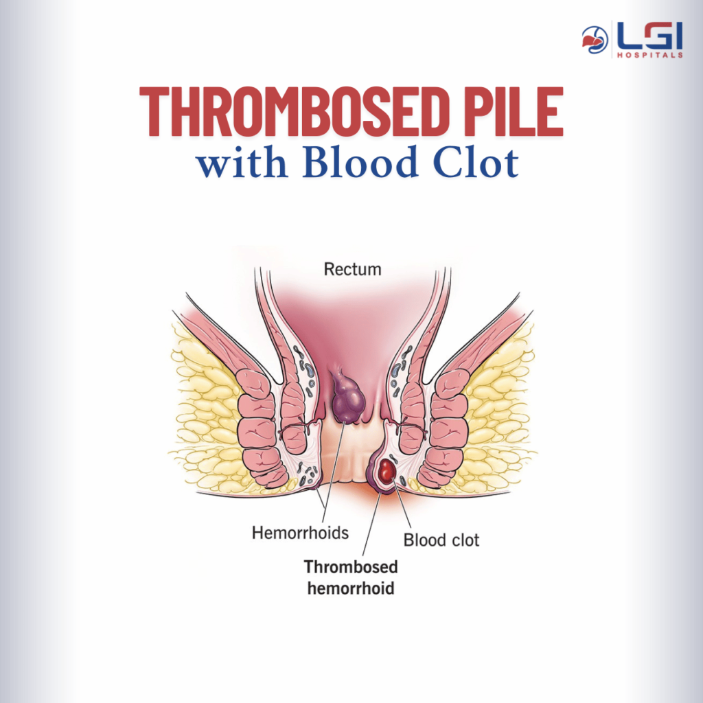 Thrombosed hemorrhoid showing swollen bluish lump near anal opening