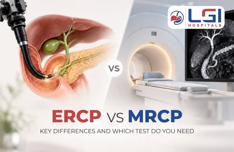 ERCP vs MRCP comparison showing endoscopic and MRI procedures for bile duct and pancreatic duct evaluation.