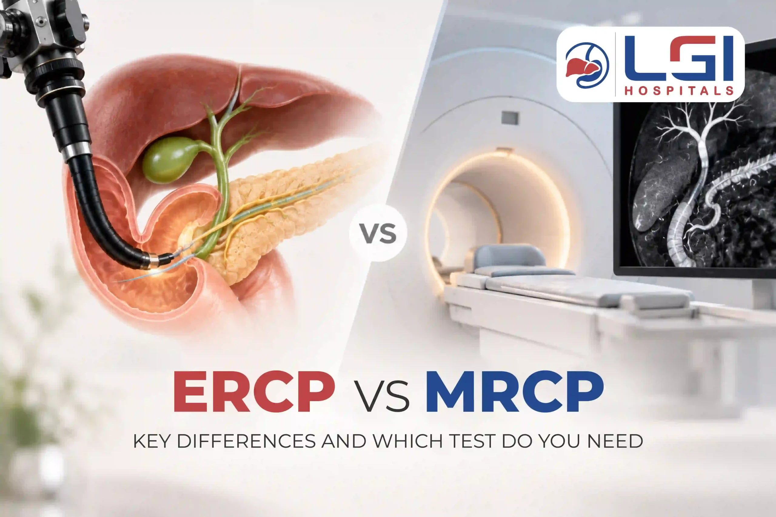 ERCP vs MRCP comparison showing endoscopic and MRI procedures for bile duct and pancreatic duct evaluation.