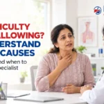 Person experiencing difficulty swallowing with a gastroenterologist explaining digestive health assessment