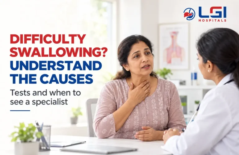 Person experiencing difficulty swallowing with a gastroenterologist explaining digestive health assessment