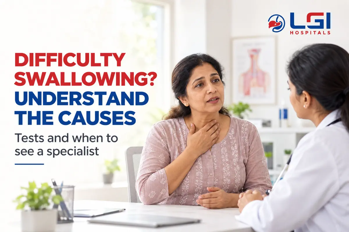 Person experiencing difficulty swallowing with a gastroenterologist explaining digestive health assessment