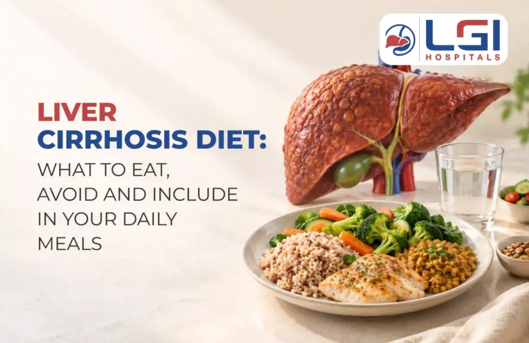 Liver cirrhosis diet infographic featuring a healthy meal, liver illustration