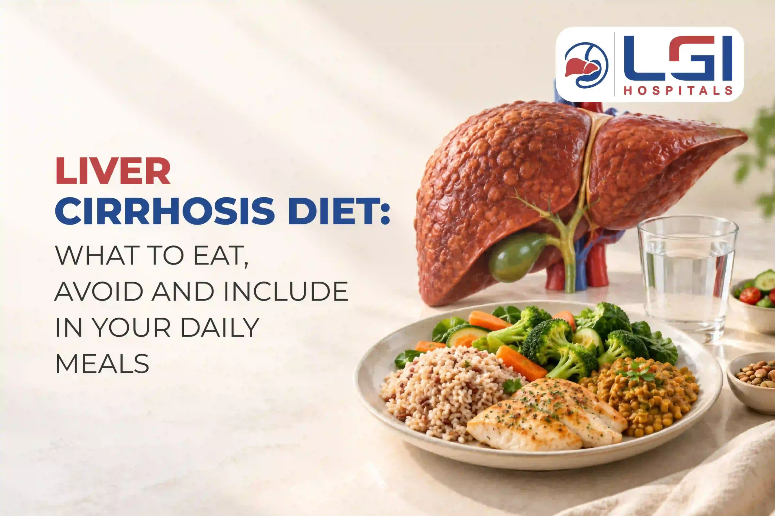 Liver cirrhosis diet infographic featuring a healthy meal, liver illustration