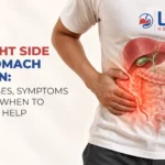 Right-side stomach pain causes and symptoms infographic featuring abdominal anatomy