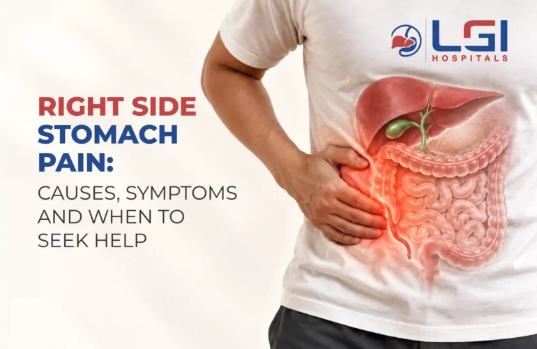 Right-side stomach pain causes and symptoms infographic featuring abdominal anatomy
