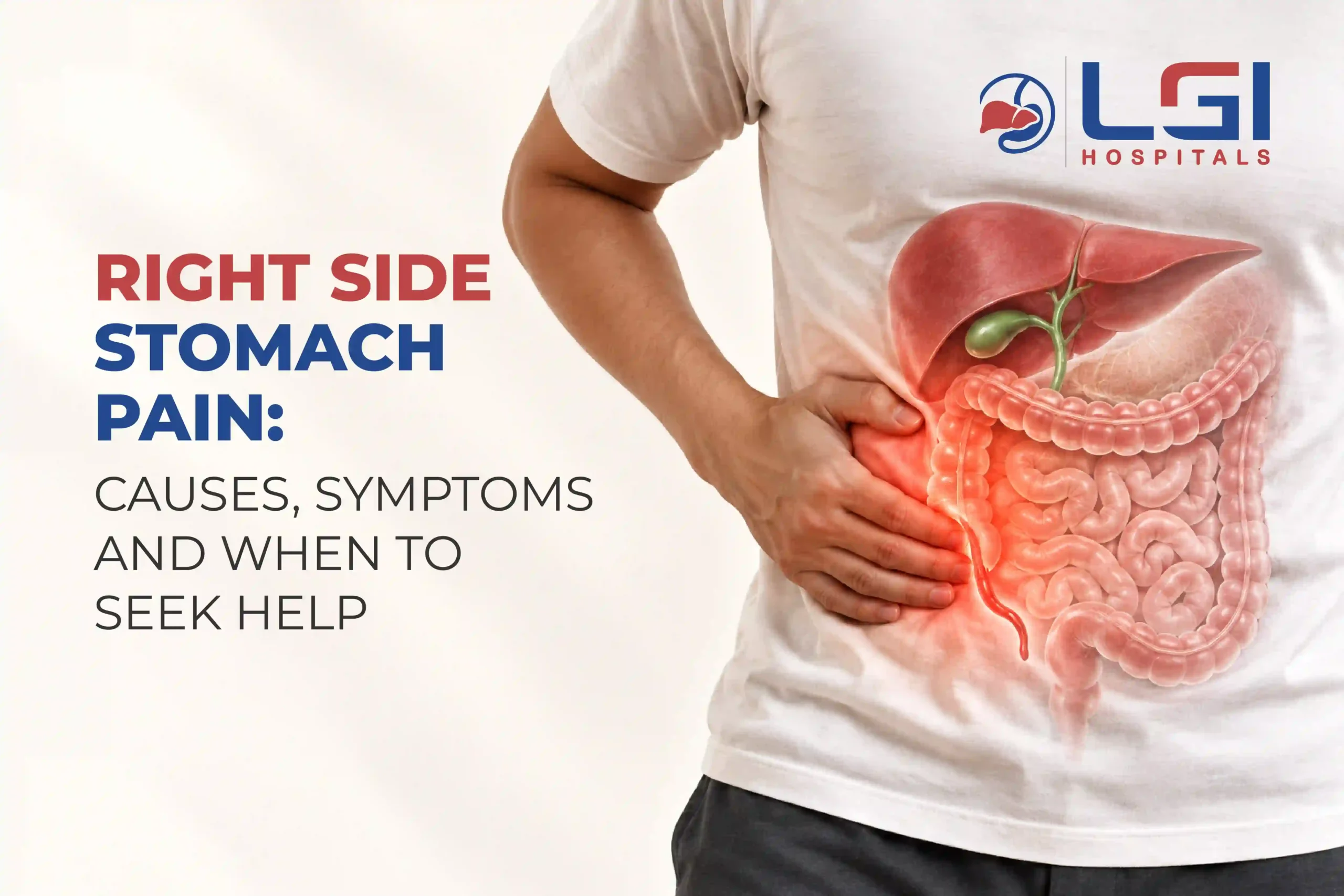Right-side stomach pain causes and symptoms infographic featuring abdominal anatomy