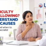 Person experiencing difficulty swallowing with a gastroenterologist explaining digestive health assessment